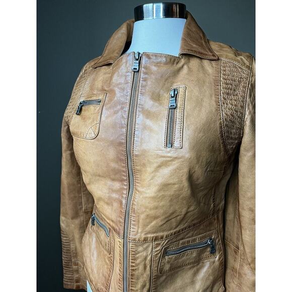 Gipsy Womens Full Zip Pocket Brown Leather Boho Biker Jacket READ BELOW - Picture 2 of 12